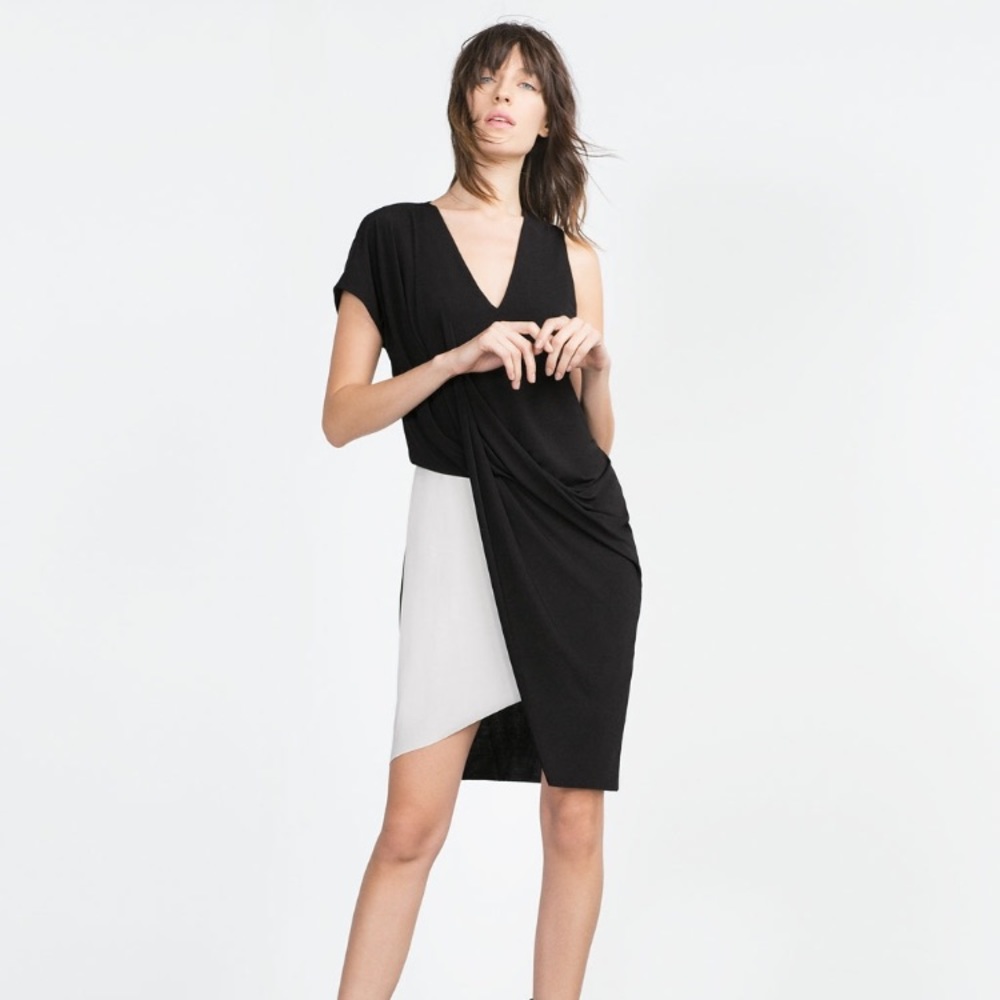 Zara black and white drape dress