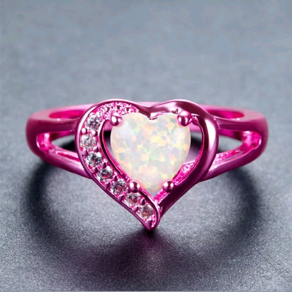 Pink Gold Filled Heart Ring with White Opal