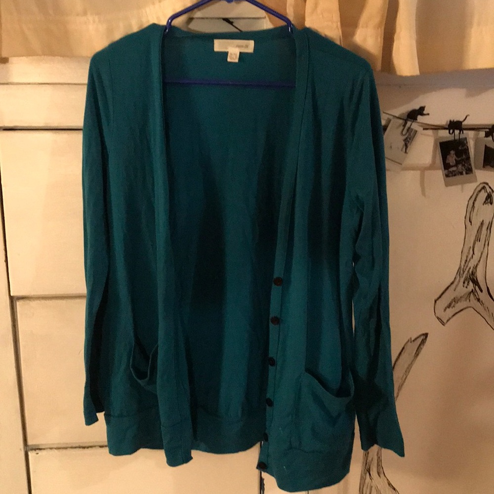 Teal Button-Down Cardigan with Pockets