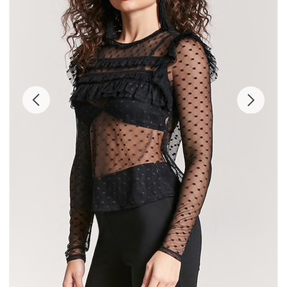 Polka dot ruffle mesh top