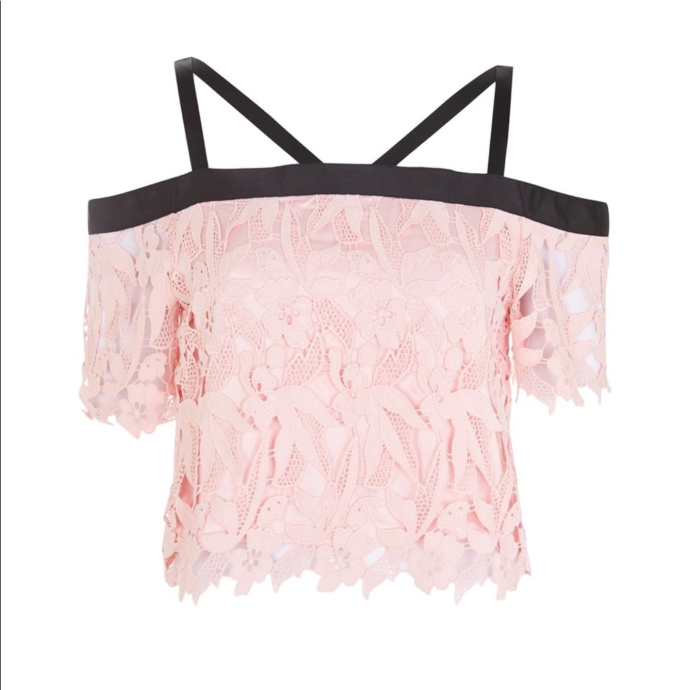 HPTOPSHOP cold shoulder laced top in pink.