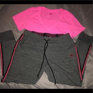 VS PINK Skinny Collegiate Joggers V-neck Set Sz L