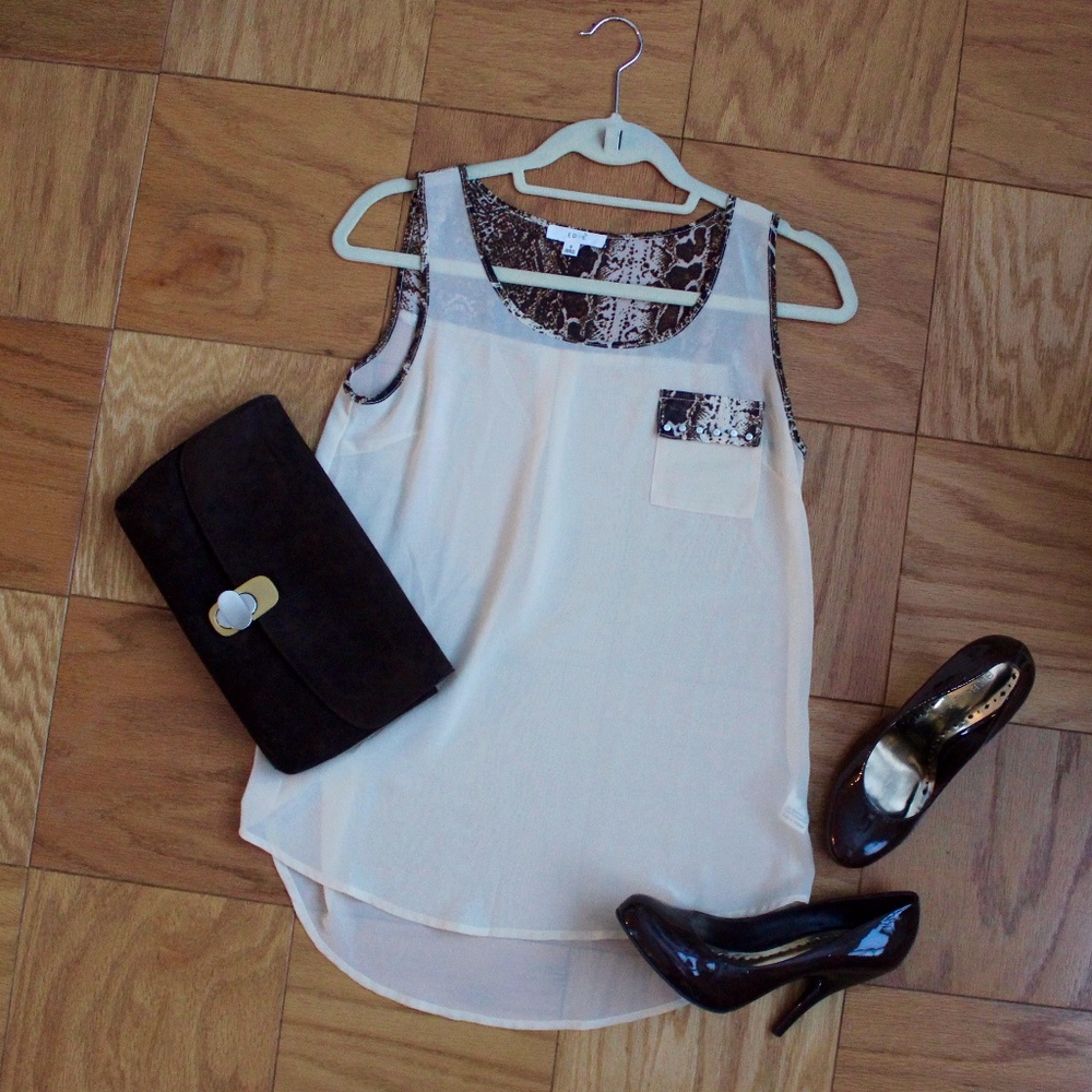 Sheer Cream tank with Snakeskin Print Details