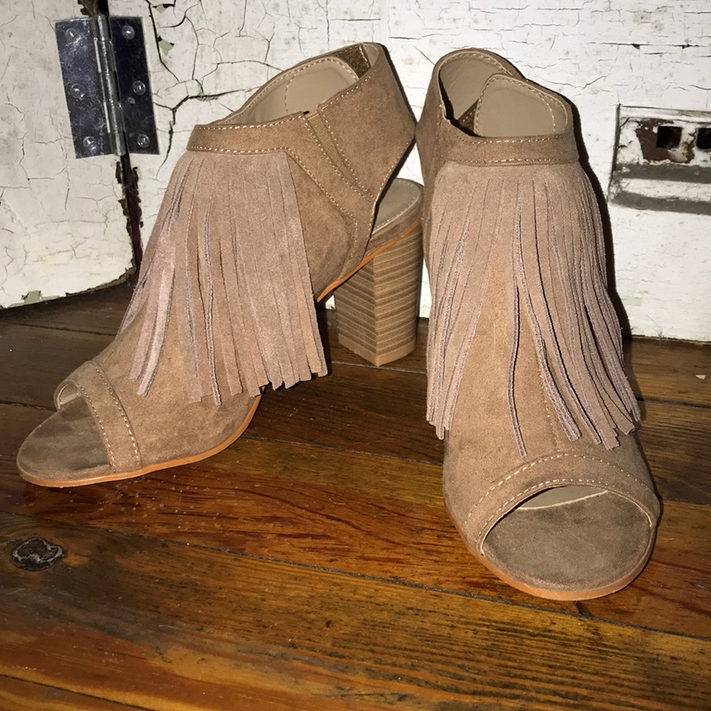 Corkys open toed, high heel, fringe booties