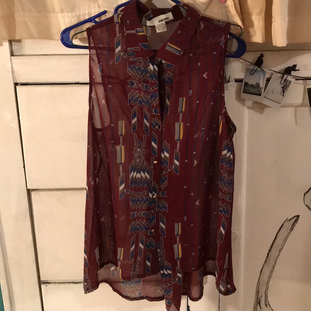 Sheer Button Down Collared Sleeveless Shirt