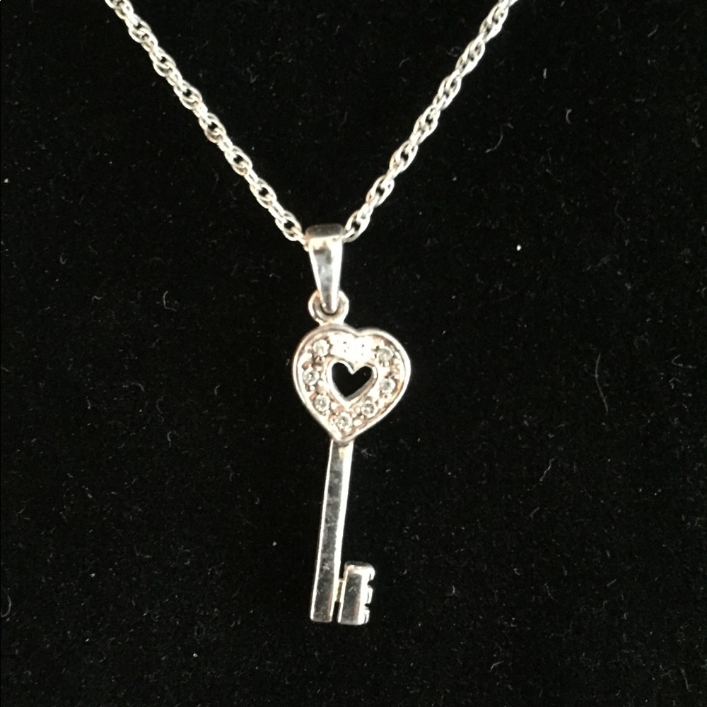 Small sterling silver heart key necklace