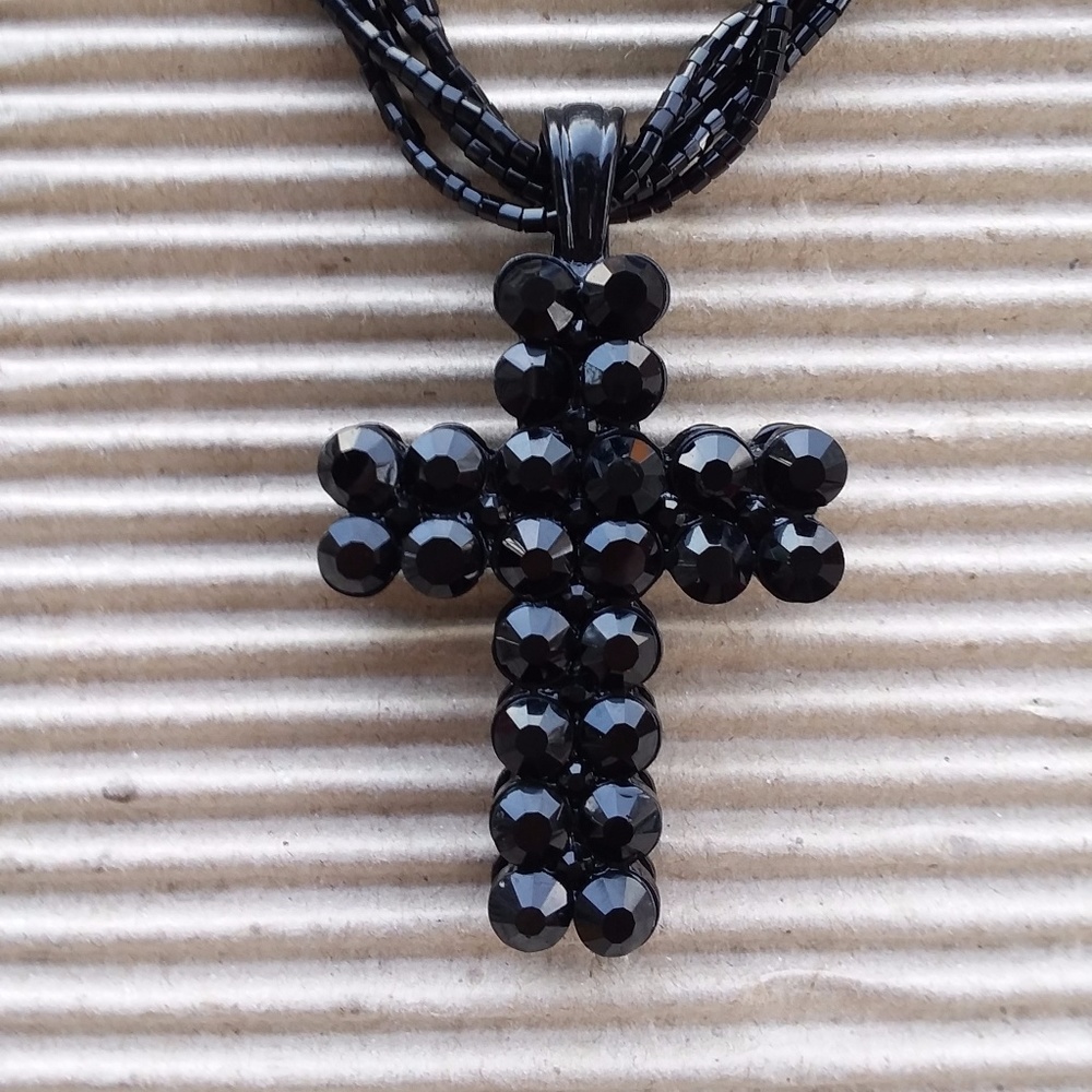Cross Black Rhinestones Necklace