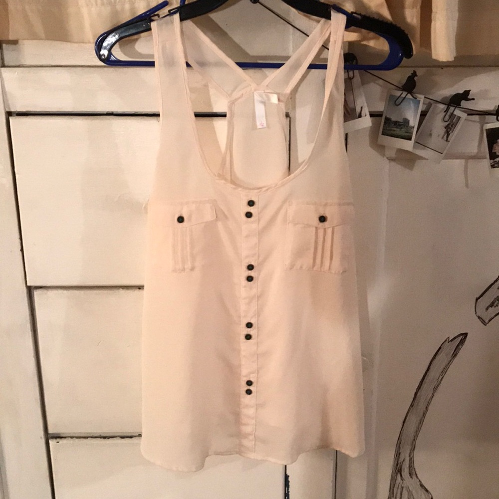 Sheer Cream Faux Button Down Racerback Tank