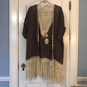 Brown lace fringe kimono