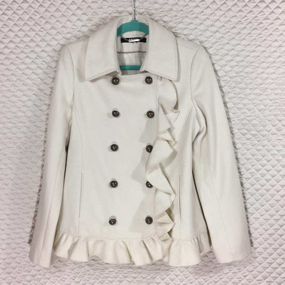 DKNY Ivory Wool Pea Coat with Ruffles