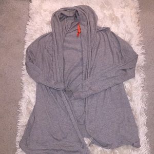 Asymmetrical thin grey hooded cardigan w/ pockets