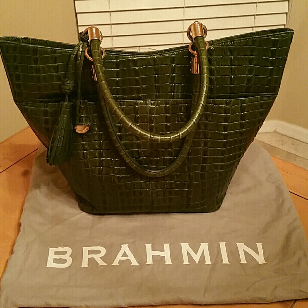 Brahmin green leather embossed large tote  bag