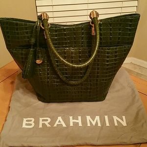 Brahmin green leather embossed large tote  bag