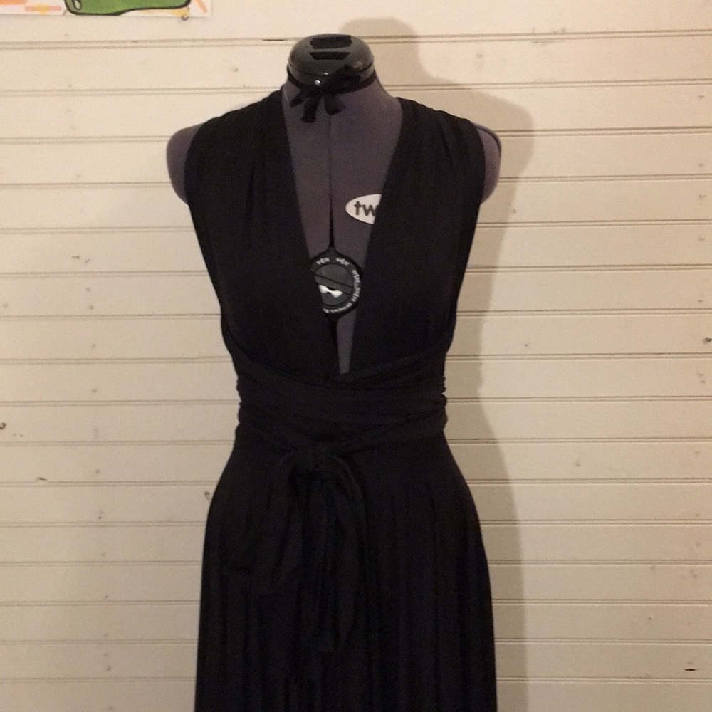 Silky black dress.