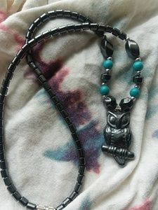 Hematite & Turquoise Owl Necklace