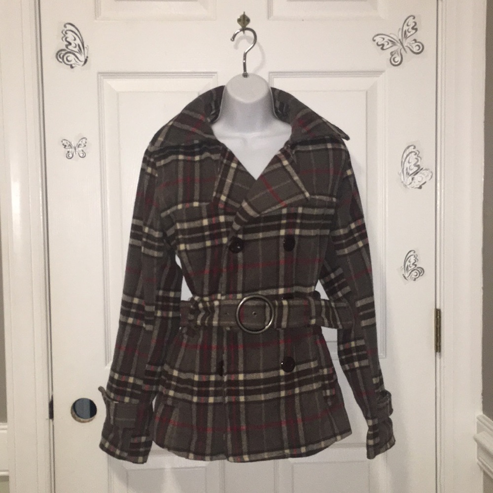 Plaid Brown Belted Pea Coat