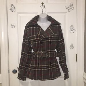Plaid Brown Belted Pea Coat