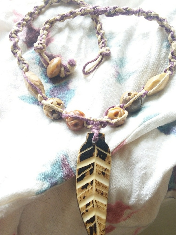 Hemp nacklace with bone feather and stone beads