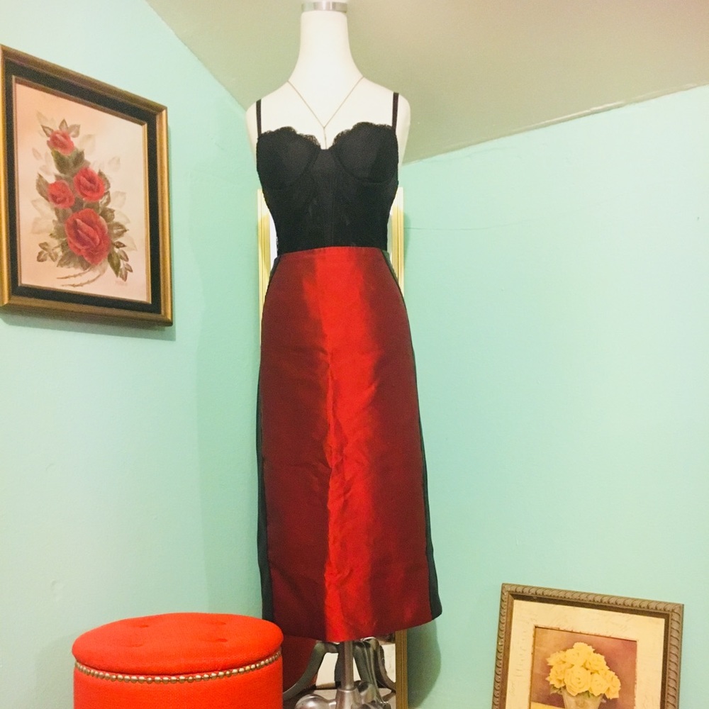 Vintage Dolce & Gabbana Red Pencil Skirt w Leather