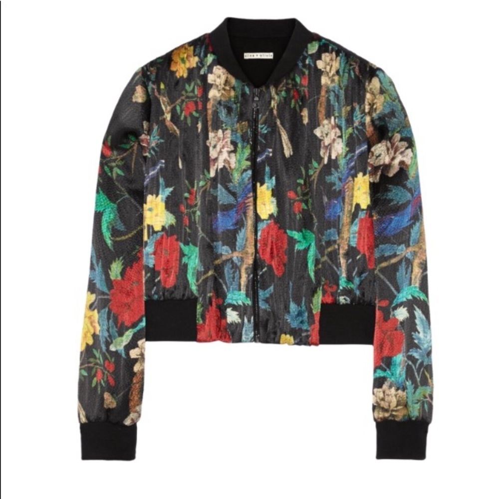 Alice+Olivia Black Floral & Bird Print Silk Jacket - Picture 1 of 8