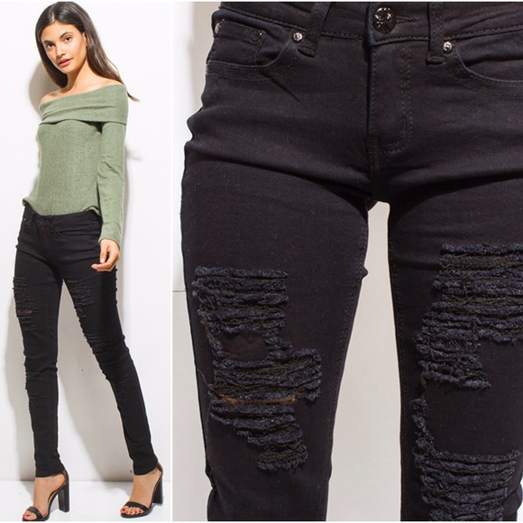 NEW Black Distressed Denim Skinny Jeans - Picture 3 of 4