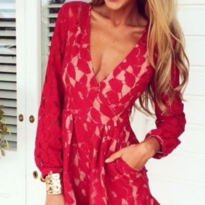 Mura Boutique Red Lace L/S Playsuit Size XS NWT