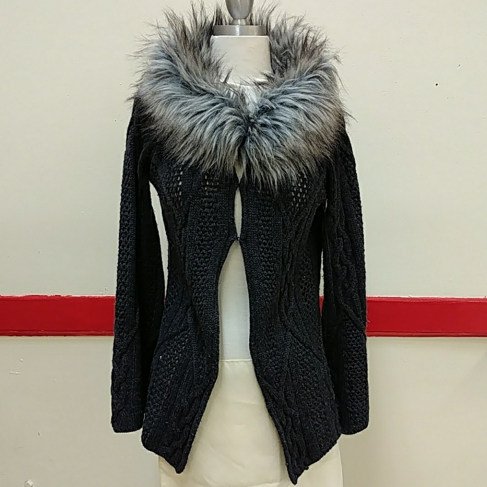 Fur Trimmed Grey Long Wool Blend Sweater Jacket