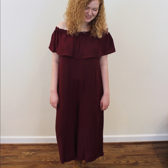 Merlot Off The Shoulder Jumpsuit - Picture 2 of 5