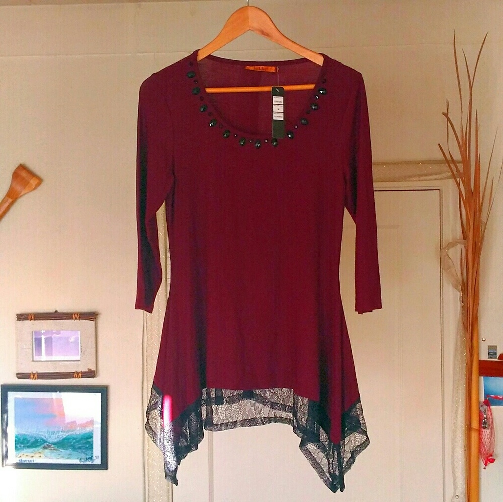 NWT Belldini Black Cherry Blouse w/ lace