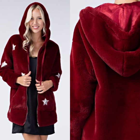 Plush star patch faux fur Teddy coat wine Silver - Picture 2 of 8