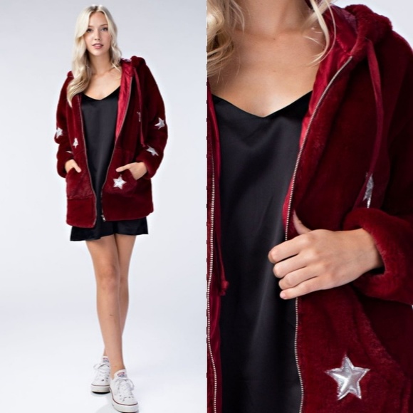 Plush star patch faux fur Teddy coat wine Silver - Picture 3 of 8