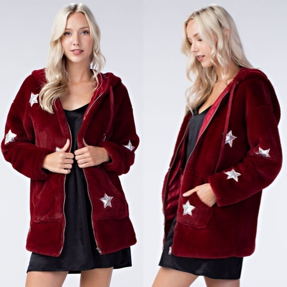 Plush star patch faux fur Teddy coat wine Silver - Picture 4 of 8