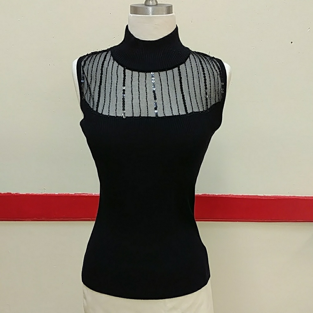 Sleeveless Black Blouse with Sheer Sequinned Top