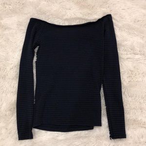 navy and black stripped off the shoulder top