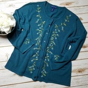 Karen Scott Teal Embroidered Cardigan Sweater XL