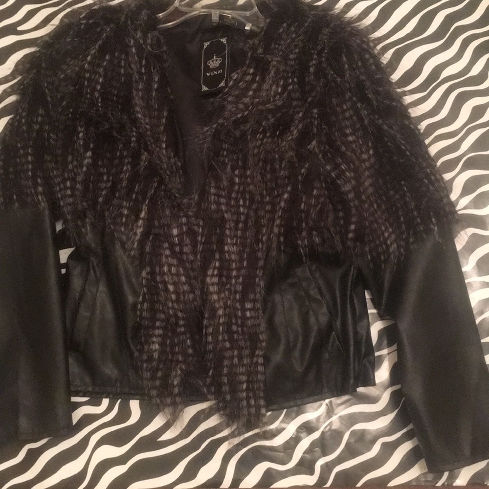 Faux leather faux fur brimmed jacket