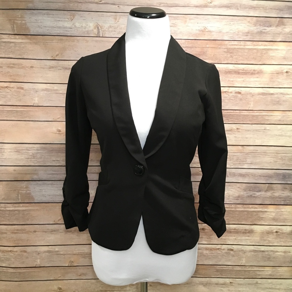 Black Button Blazer with Ruched 3/4 Sleeves