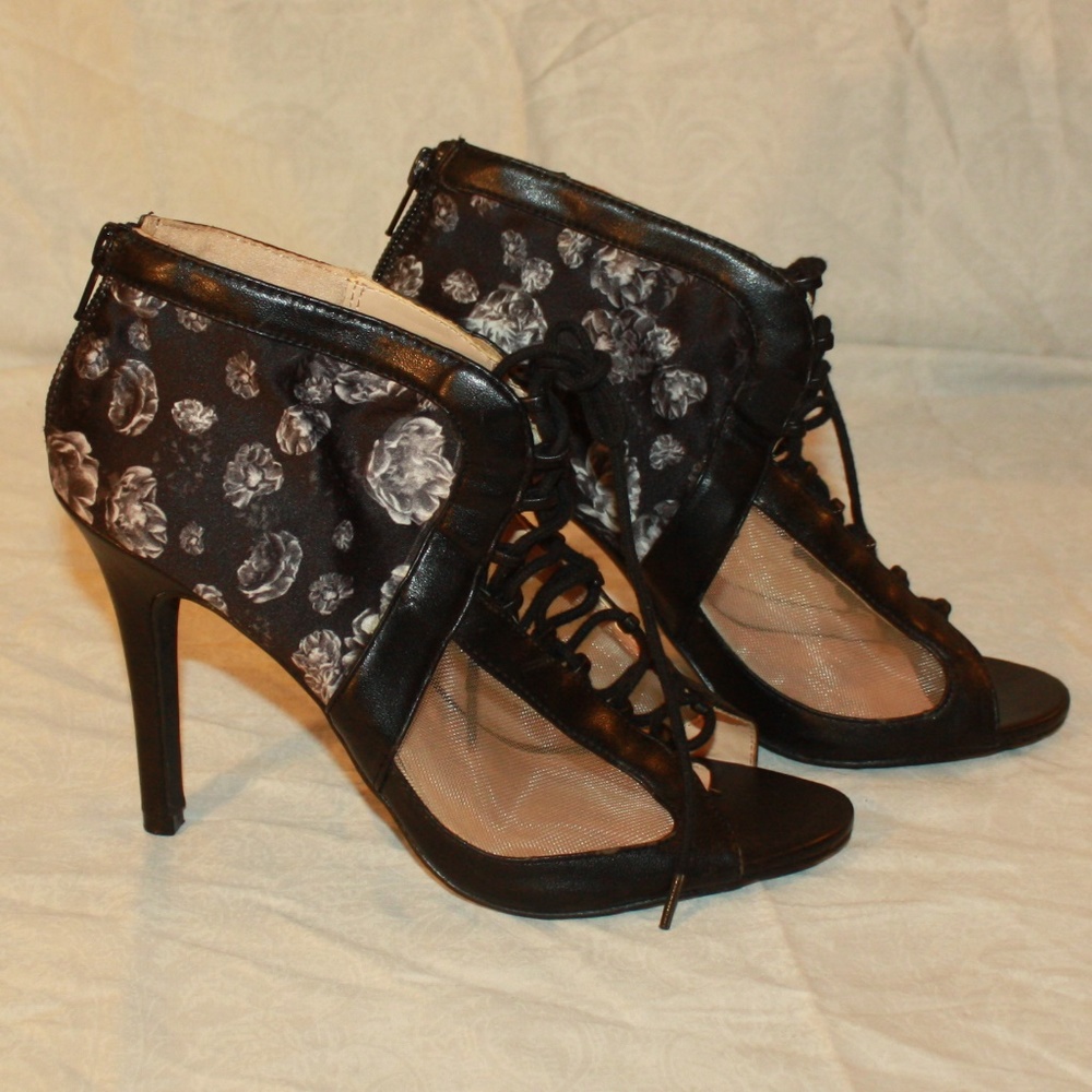 Black Floral Lace Up Open Toe Mesh High Heels