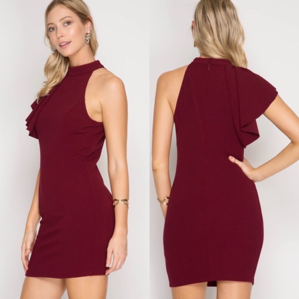 Open-Shoulder High Neck Flutter-Sleeve Dress - Picture 8 of 8