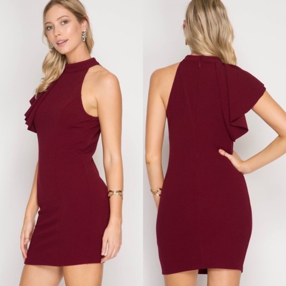 Open-Shoulder High Neck Flutter-Sleeve Dress - Picture 8 of 8