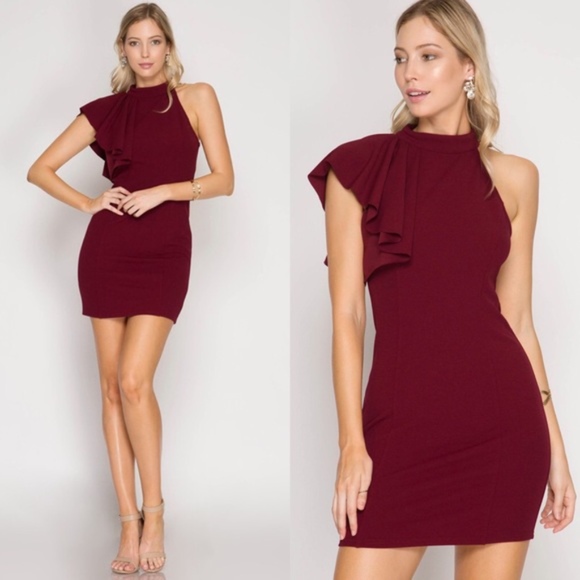 Open-Shoulder High Neck Flutter-Sleeve Dress - Picture 7 of 8