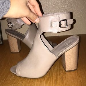 Tan open toe heels