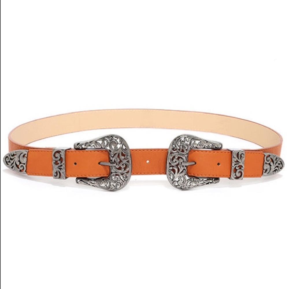 tan double buckle belt