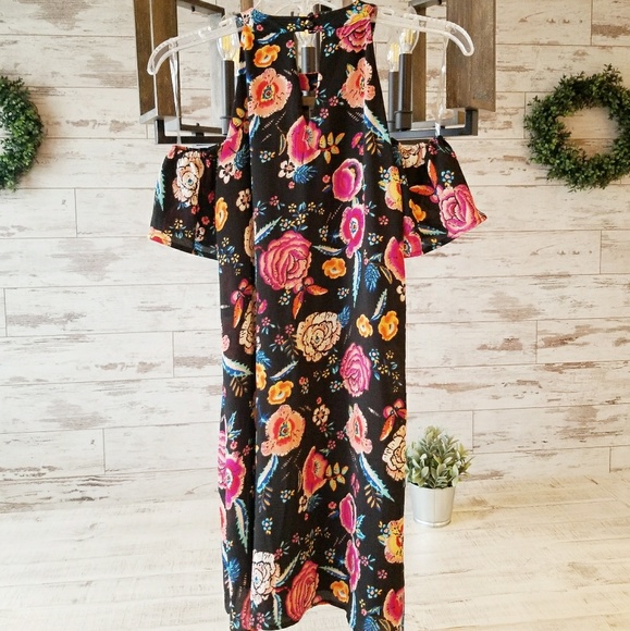 Cold Shoulder Floral Keyhole Dress Retro Vintage - Picture 3 of 8