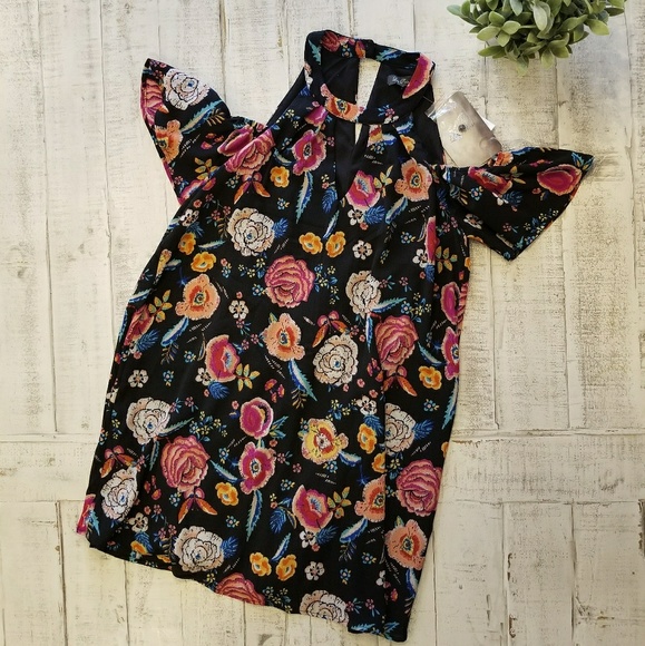 Cold Shoulder Floral Keyhole Dress Retro Vintage - Picture 4 of 8