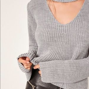 MISSGUIDED Choker Neck Chunky Cropped Jumper Grey