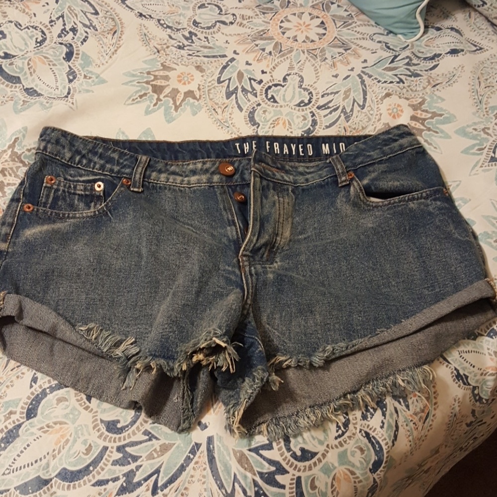 High rise button fly denim cut off shorts