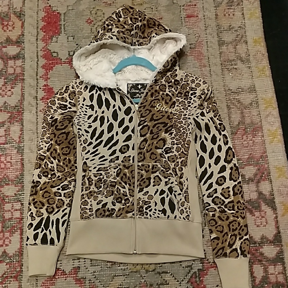 Guess Leopard print hooded zip up sweatshirt
