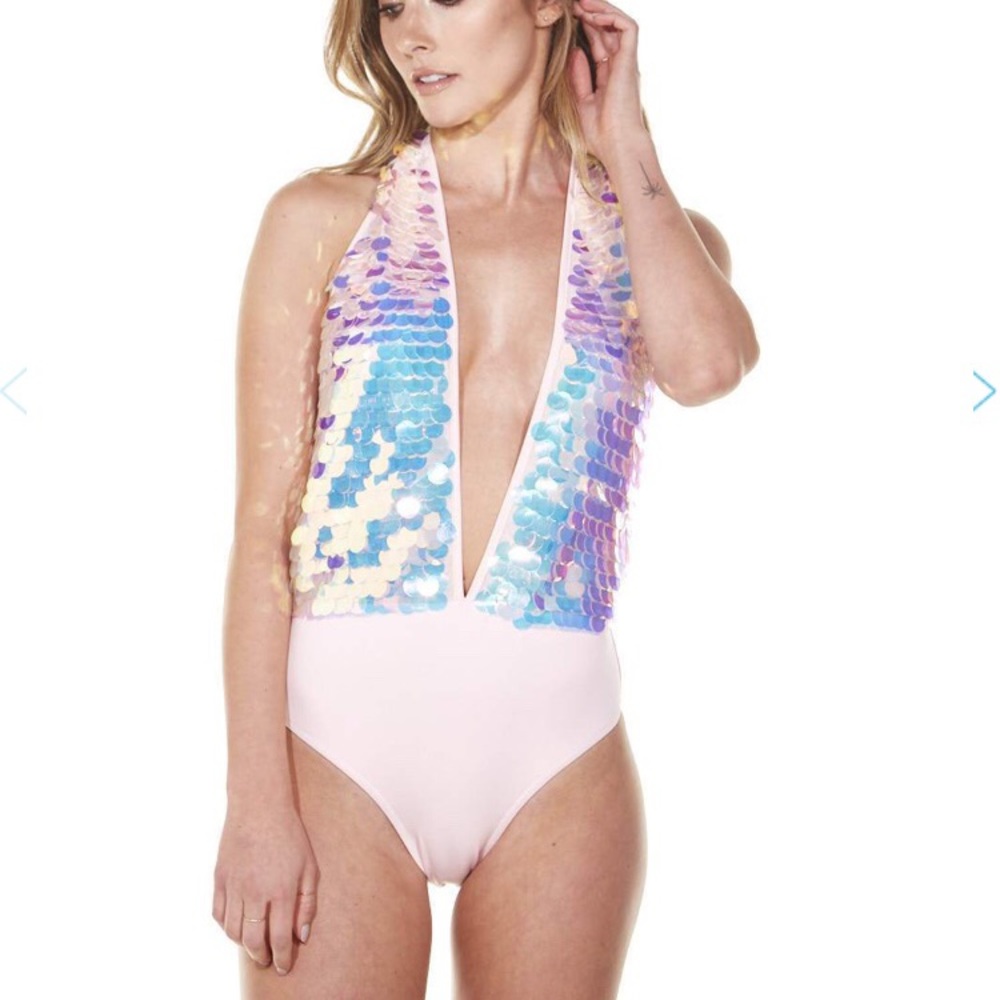 Pink sequin rave bodysuit NWT small