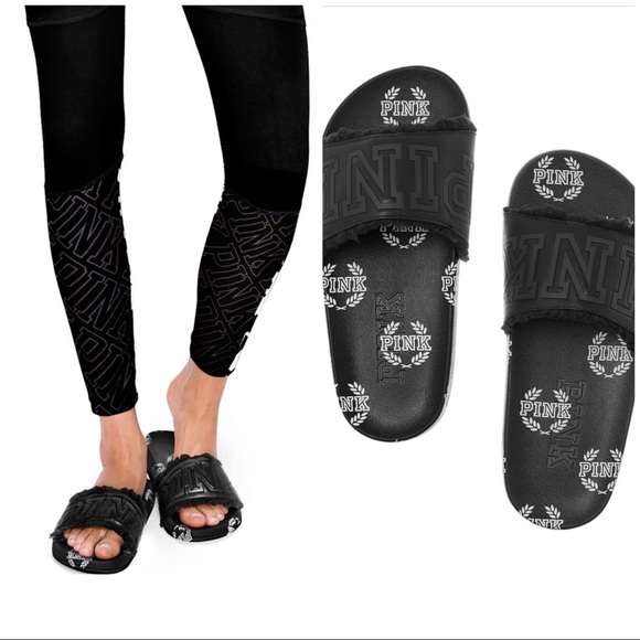 VS PINK Black Sherpa Single Strap Slides - Picture 1 of 2
